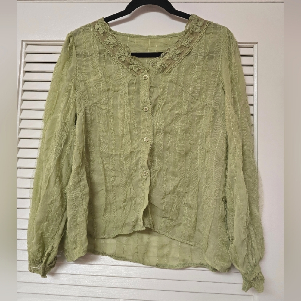 Dazy - Green Lightweight Sheer Long-Sleeve Button Top With Mesh Detail